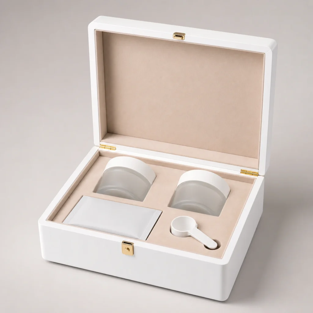 Collagen Bottle and Sachet Wood Case in White Piano Lacquer