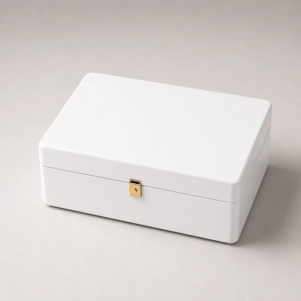collagen bottle and sachet wood case in white piano lacquer closed front view