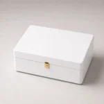 collagen bottle and sachet wood case in white piano lacquer closed front view