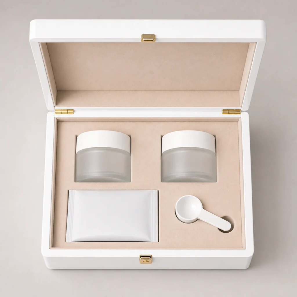 collagen bottle and sachet wood case in white piano lacquer top down interior view