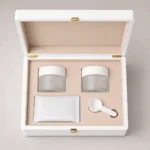 collagen bottle and sachet wood case in white piano lacquer top down interior view