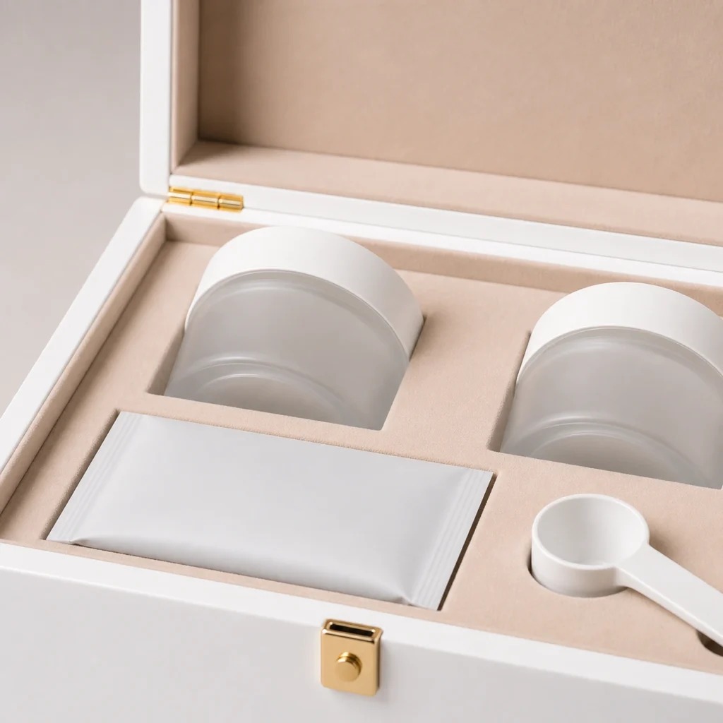 collagen bottle and sachet wood case in white piano lacquer craft and finish detail
