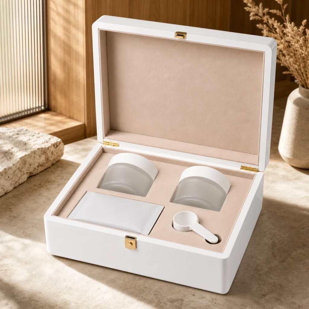 collagen bottle and sachet wood case in white piano lacquer showroom application scene