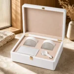 collagen bottle and sachet wood case in white piano lacquer showroom application scene