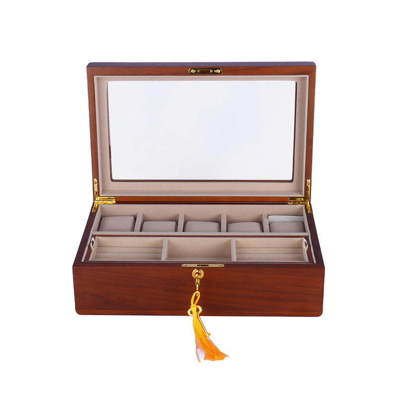 Luxury Wood Jewelry Organizer Box with Lock and Glass Window