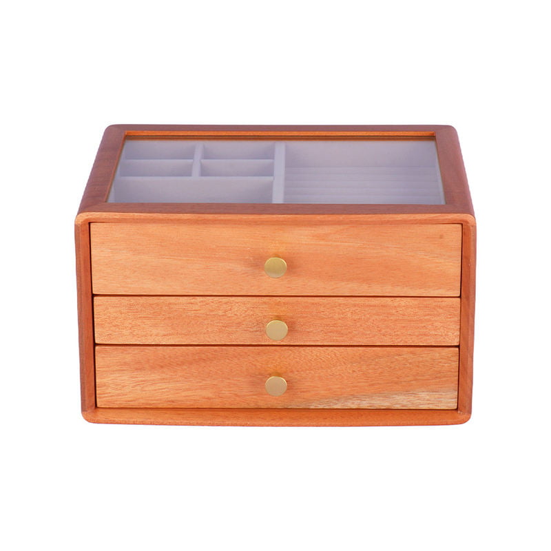 3 Layer Solid Wood Drawer Jewelry Box with Glass Window