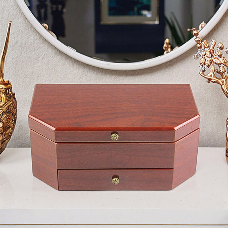 Hexagon Bamboo Musical Jewelry Box with Mirror and Drawer  Slug