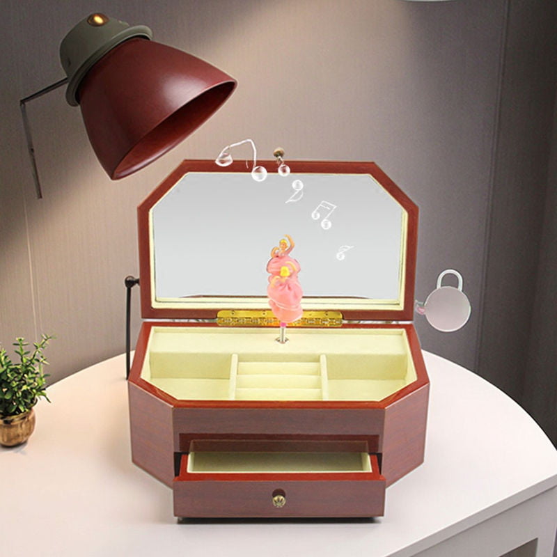 wooden jewelry storage box with wood grain finish