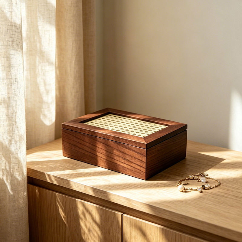 handmade wooden jewelry storage box with natural cane lid