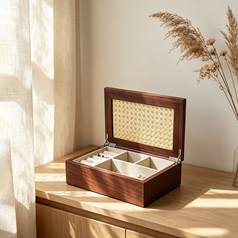 Rattan Cane Lid Wooden Jewelry Box for Jewelry Storage