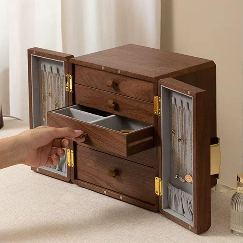 double door jewelry cabinet in walnut finish