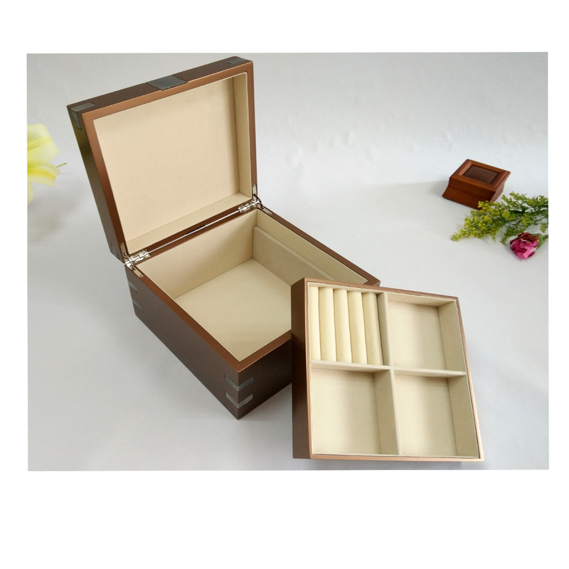 2 layer wood jewelry organizer box in brown finish