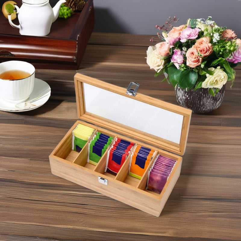 5-Compartment Bamboo Tea Bag Storage Box with Clear Lid
