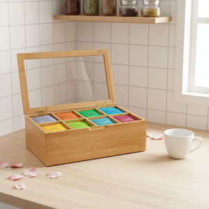 8-Compartment Wooden Tea Coffee Storage Box with Stamped Glass Lid