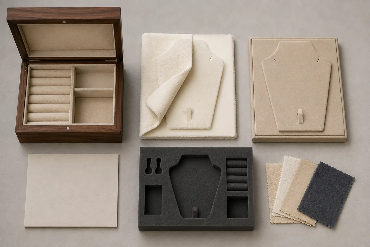 Jewelry box lining materials shown as textile covers, shaped support cores, and assembly bases
