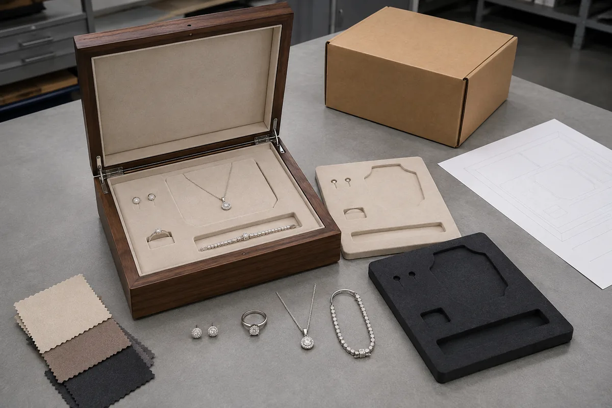 Custom jewelry box insert prototypes arranged for loaded sample approval