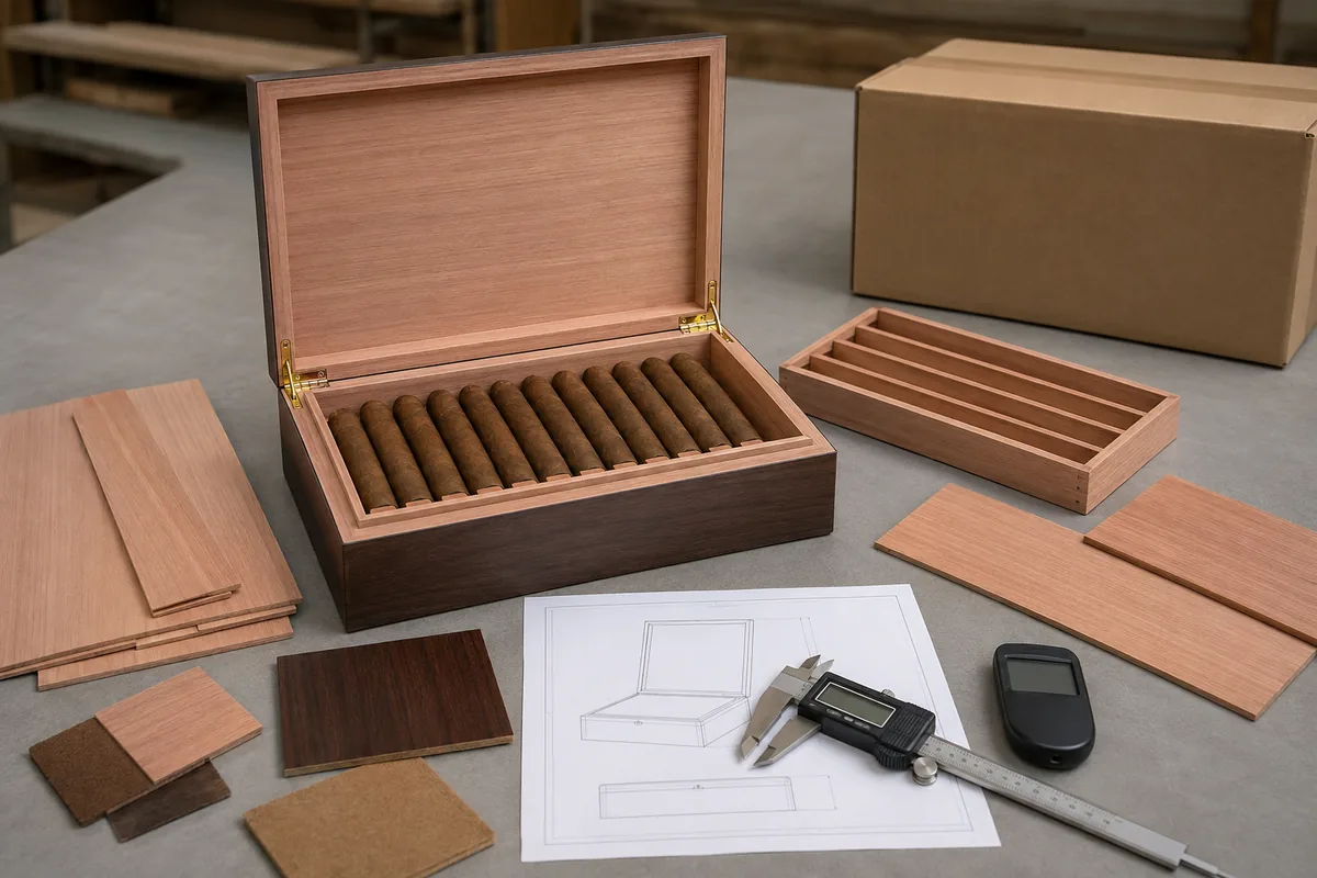 Spanish cedar cigar box sample approval with liner parts, measuring tools and loaded tray