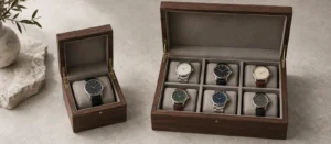 Single watch box vs multi watch box shown in matching wooden presentation designs