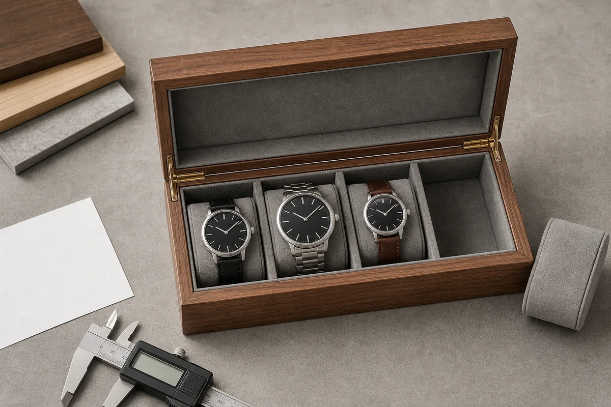Four-position wooden watch case with three watches and one cushion removed