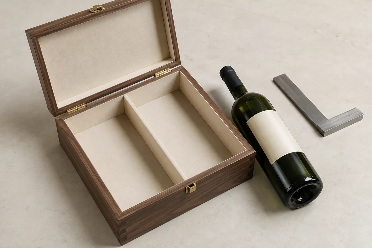 Wooden wine box dimensions illustrated by two empty lined compartments and a bottle beside the box