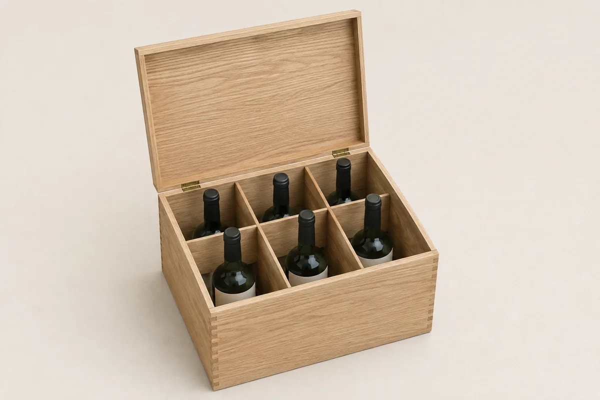 Six upright wine bottles arranged in a two-by-three grid inside an open wooden case