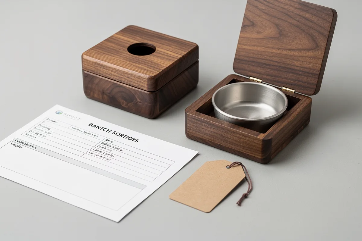 Concept table showing a wooden bakhoor burner sample, inner bowl and blank specification sheets for buyer approval