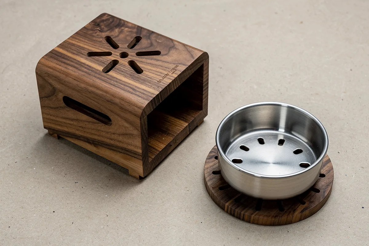 Concept view of a wooden bakhoor burner with a separated inner metal bowl and ventilated outer housing