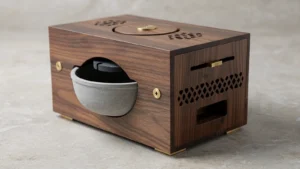 Wooden bakhoor burner design concept with a separated inner metal bowl and ventilated wooden housing