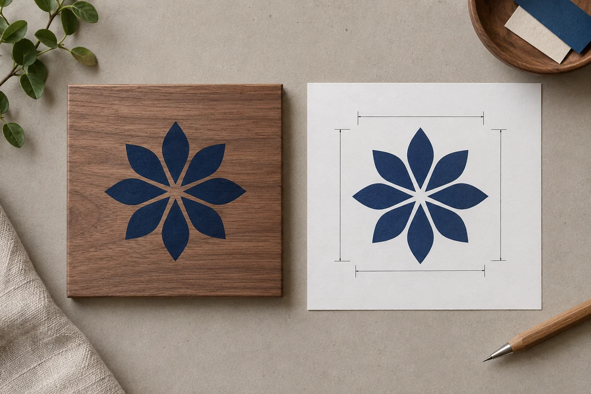 Bakhoor burner artwork concept shown as a blue floral emblem on a wooden panel beside a paper proof