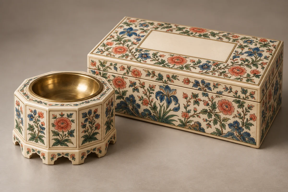 Ivory floral incense burner beside a matching wooden presentation box with a blank lid panel