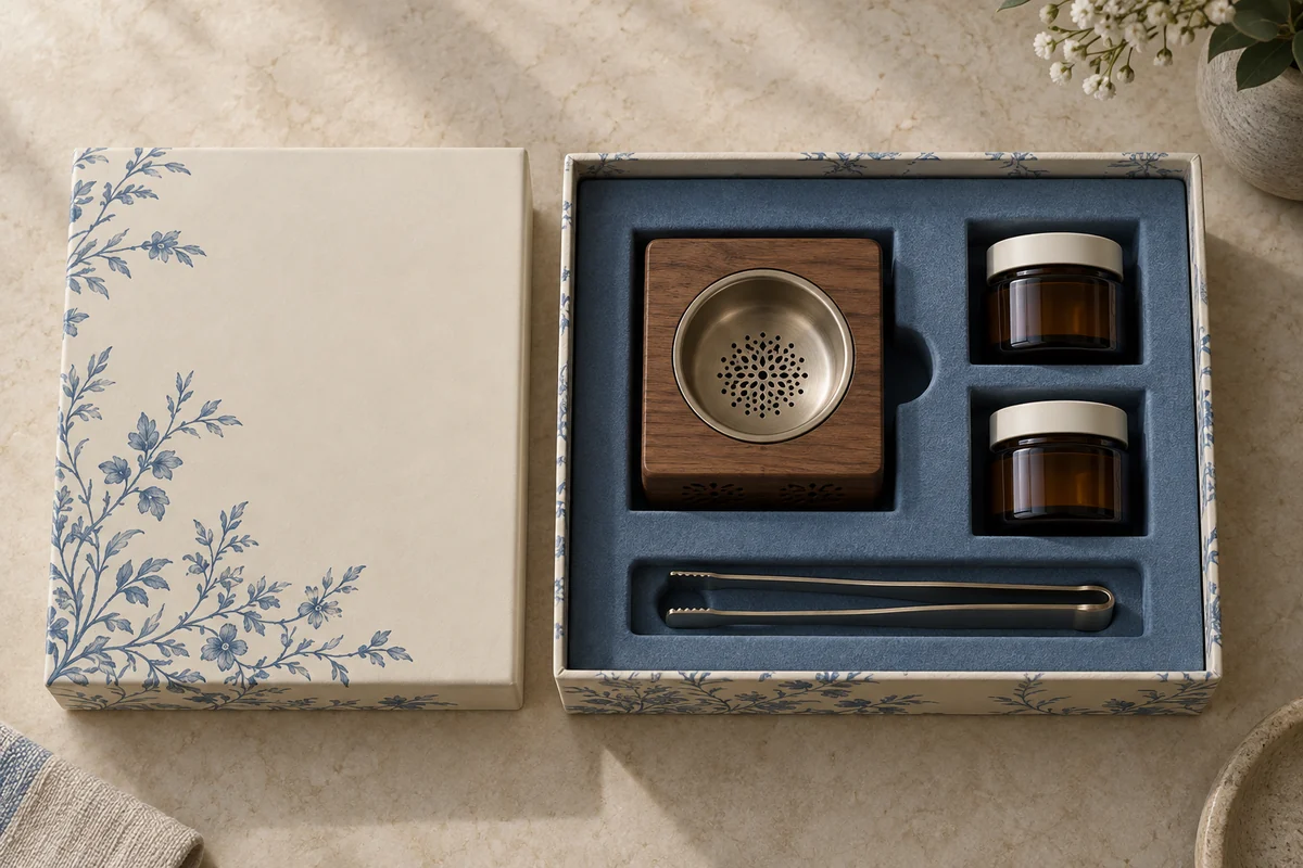 Blue fitted insert with a side finger notch beside a wooden burner, two jars and a separate recess for tongs