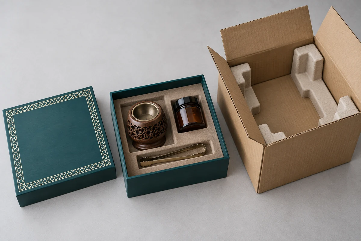 Teal presentation case containing a burner, jar and tongs beside an open cushioned shipping carton
