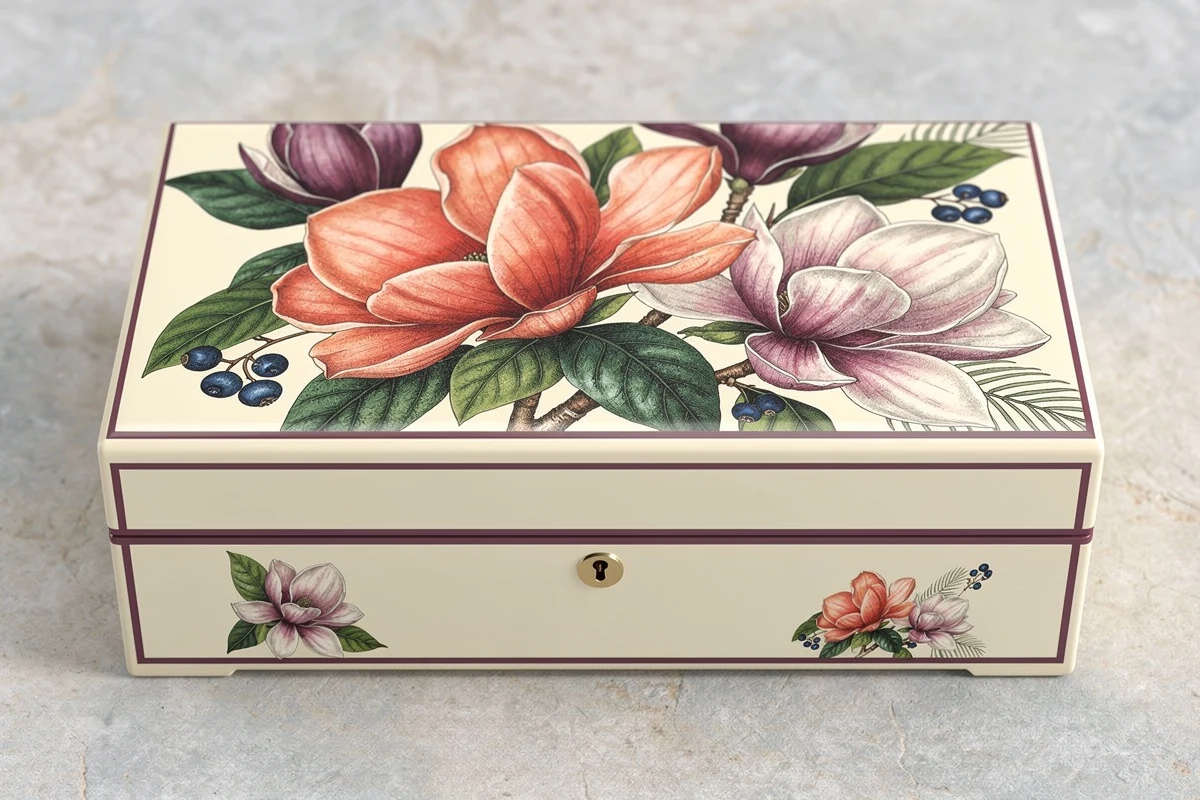 Ivory finished wooden box with a shaded floral lid, plum borders and a small circular lock