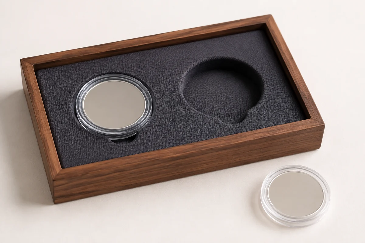Coin box inserts concept with a seated capsule and an empty recess with finger access