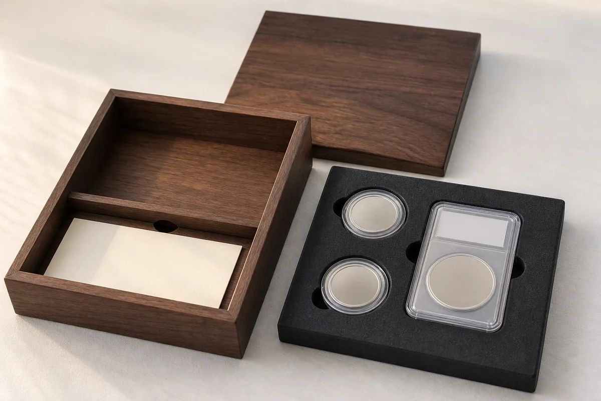 Removable coin tray concept with round capsules, rectangular holder and separate card compartment