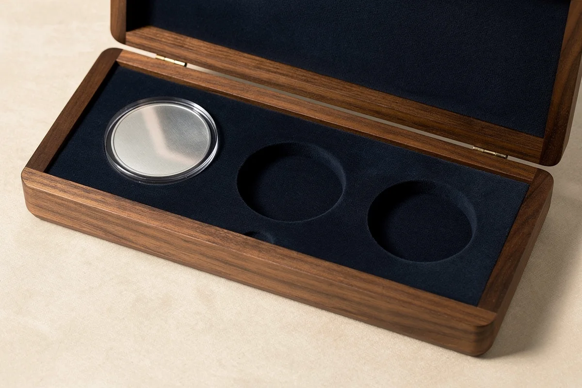 Wooden coin case containing one encapsulated medallion and two empty round positions