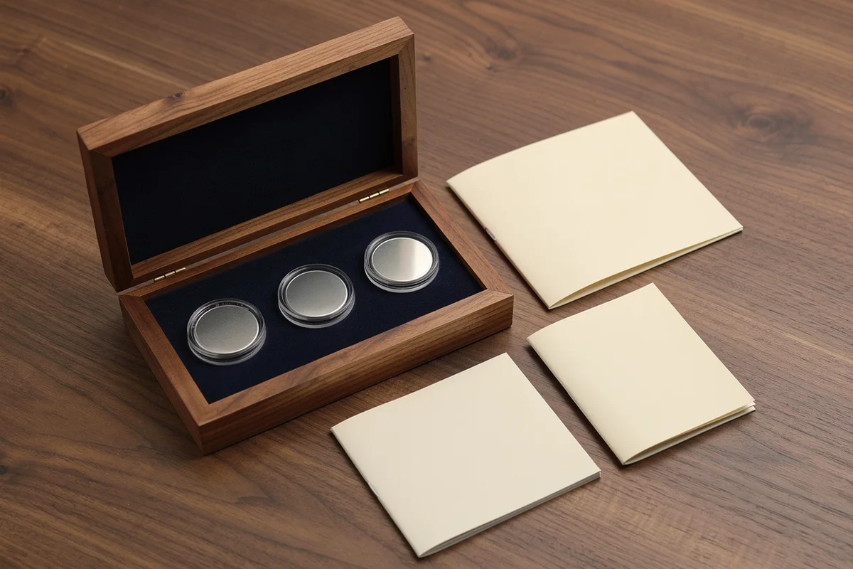 Three encapsulated medallions in a wooden case beside blank cream documents