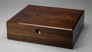 Closed polished wood-grain presentation box with a central finger recess