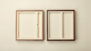 Two open wooden gift boxes with different cream insert layouts