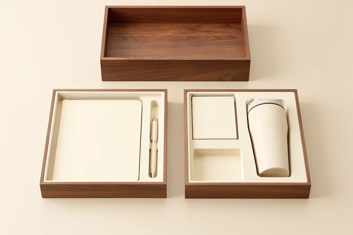 Two wooden trays with different stationery and drinkware layouts beside an empty box shell