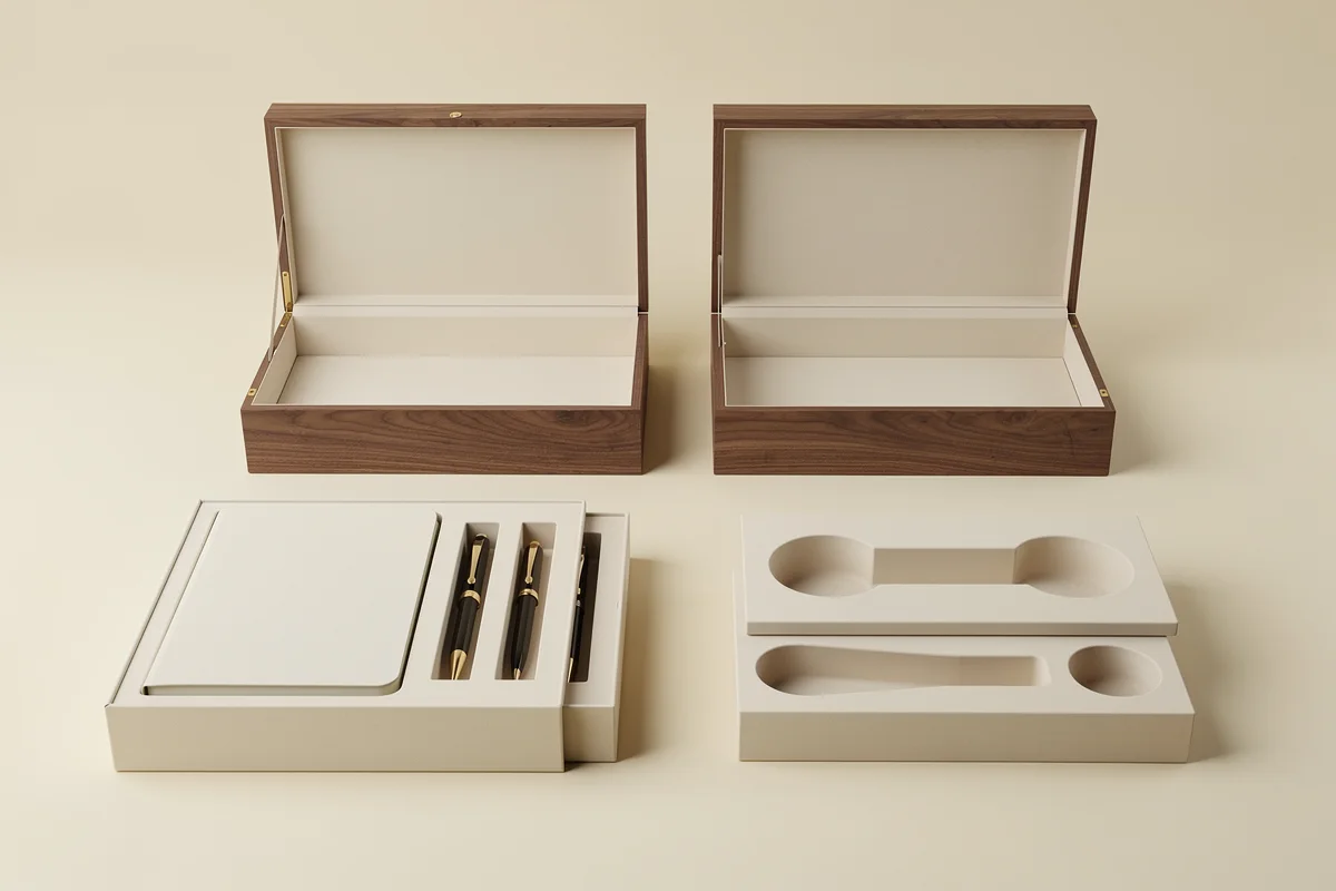 Open wooden box shells behind grouped stationery inserts and inserts with empty shaped wells