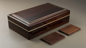 A polished dark wood-grain presentation box with two separate rectangular finish sample panels