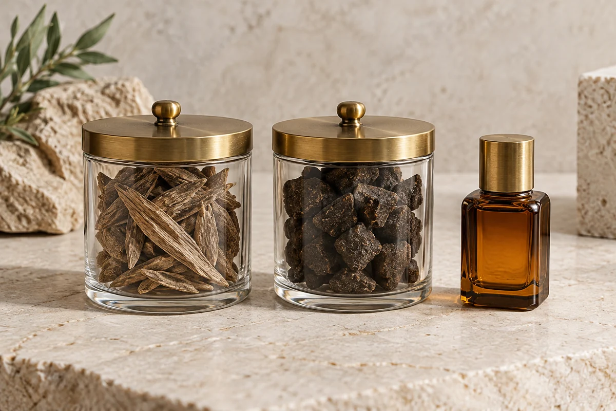 Closed jars of wood chips and incense pieces beside an amber bottle, illustrating the difference between bakhoor and oud product forms