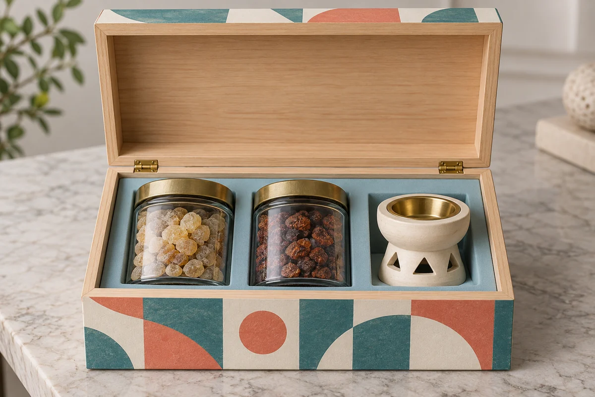 Open geometric-pattern wooden gift case holding two closed jars and a small burner