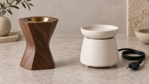 Wooden incense burner beside an ivory electric heater with an unplugged power cable