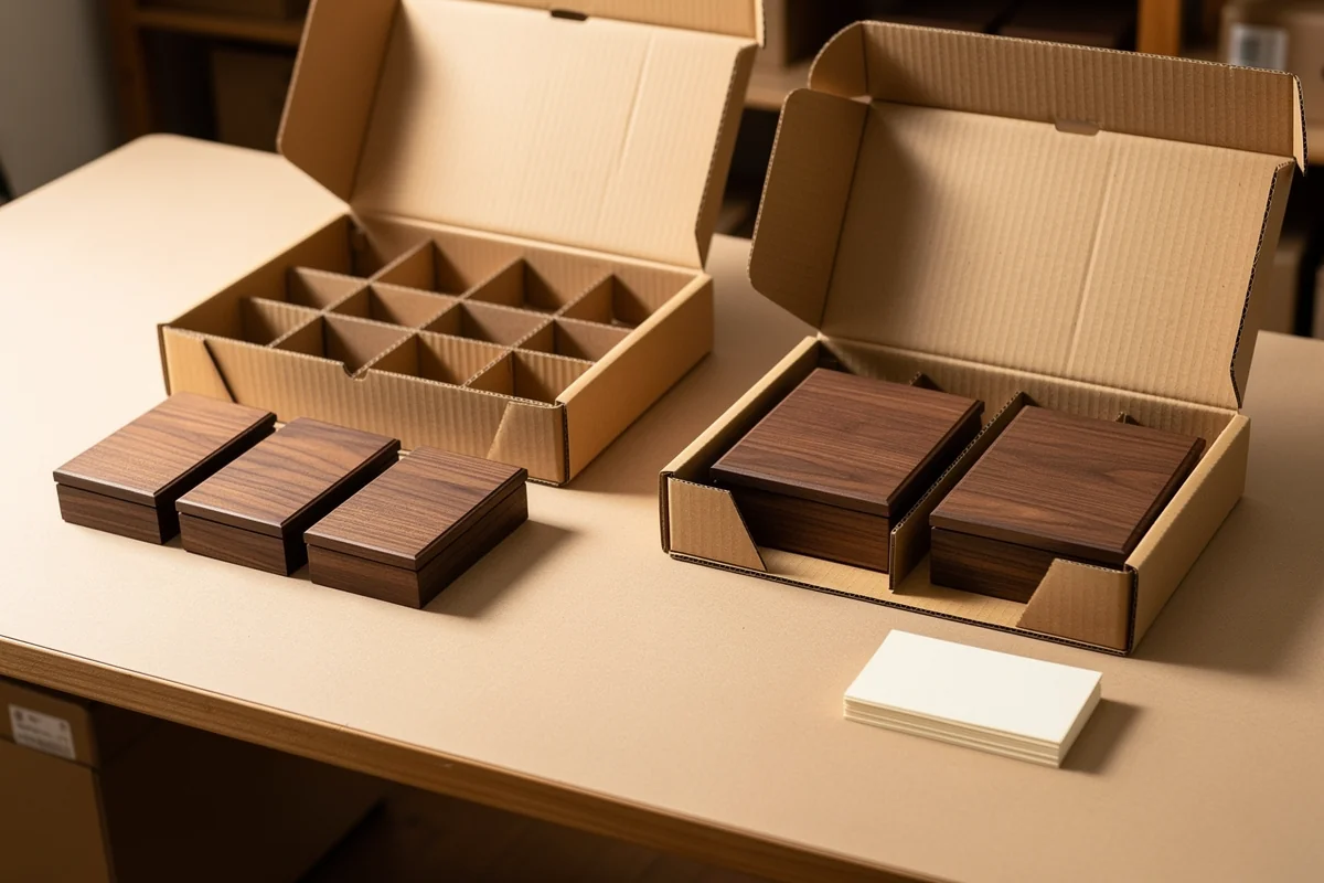 Wooden event gift boxes separated into two packing groups beside protective outer cartons