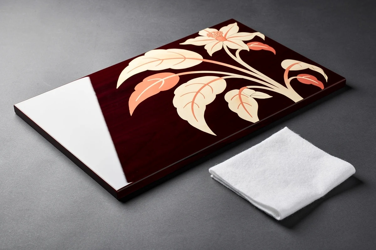 Glossy decorated wooden panel beside a clean white contact pad on a neutral surface