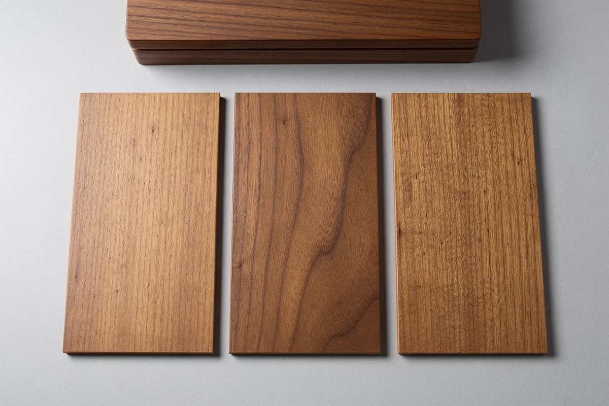 Three rectangular wood-grain sample panels beside a finished wooden box
