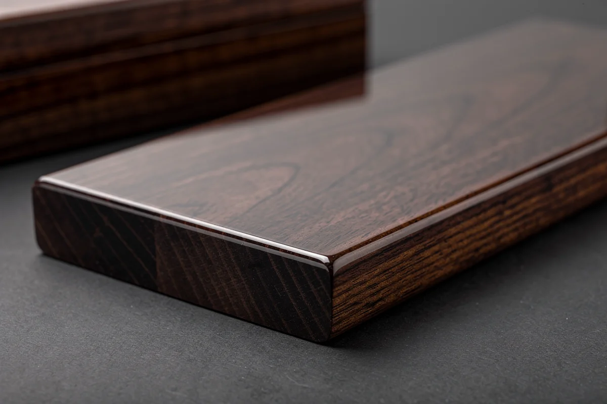 Close-up of a finished wood-grain sample panel showing its face, edge and corner