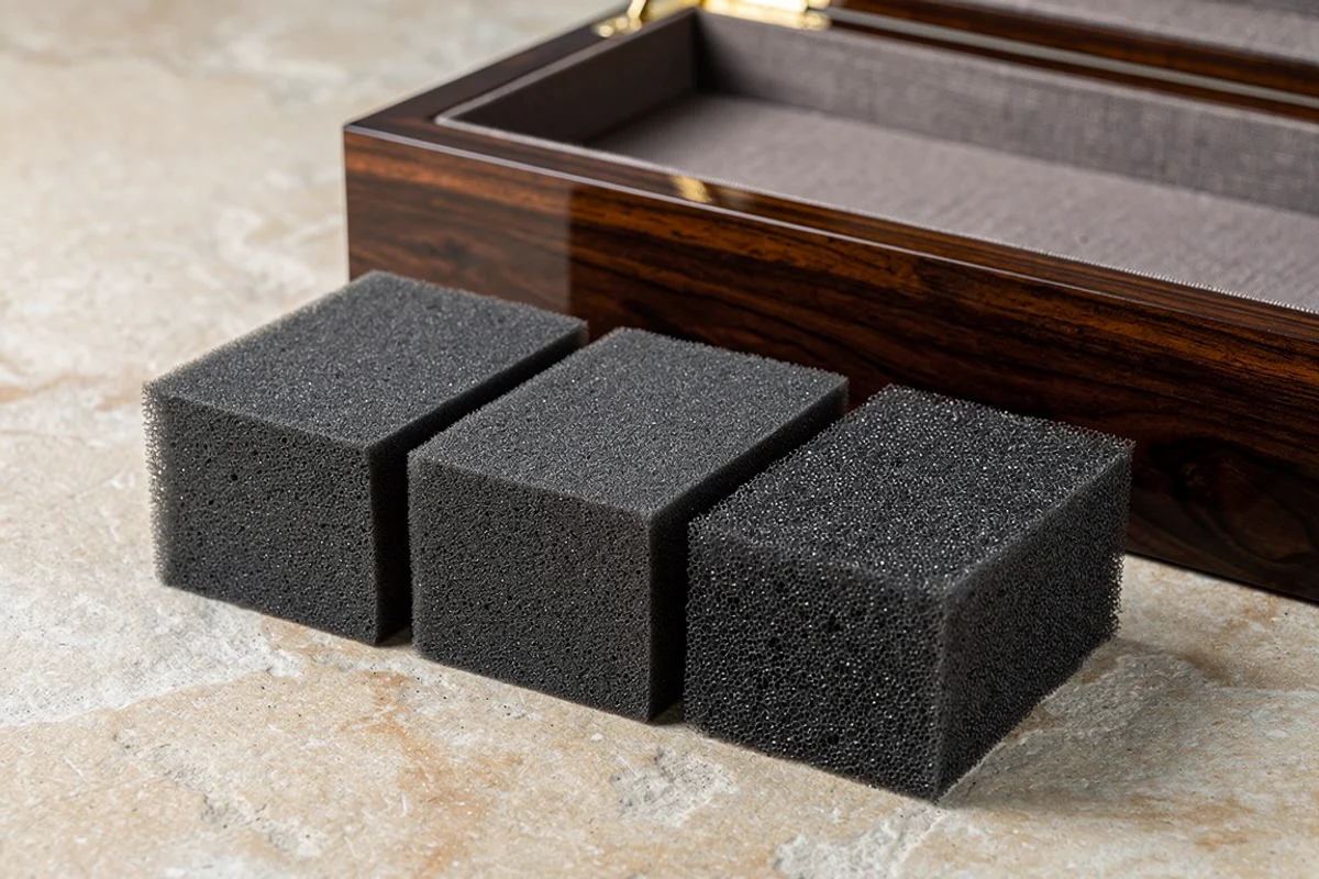 Three dark foam sample blocks beside a finished wooden presentation box